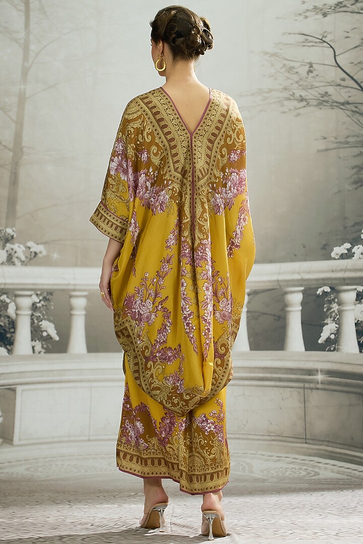 Mustard Silk Printed Draped Tunic by Rajdeep Ranawat at Pernia's Pop Up Shop