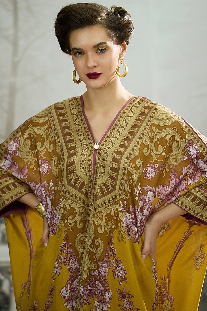 Mustard Silk Printed Draped Tunic by Rajdeep Ranawat at Pernia's Pop Up Shop