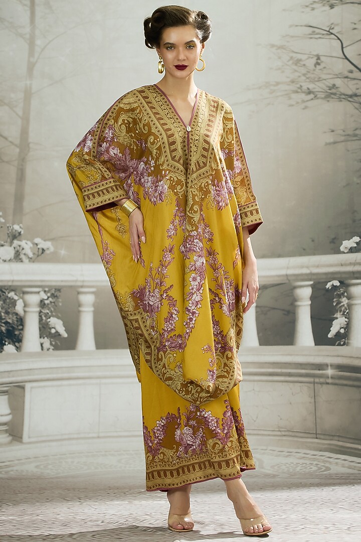 Mustard Silk Printed Draped Tunic by Rajdeep Ranawat at Pernia's Pop Up Shop