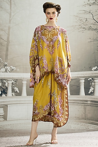 Mustard Silk Printed Draped Skirt Set by Rajdeep Ranawat