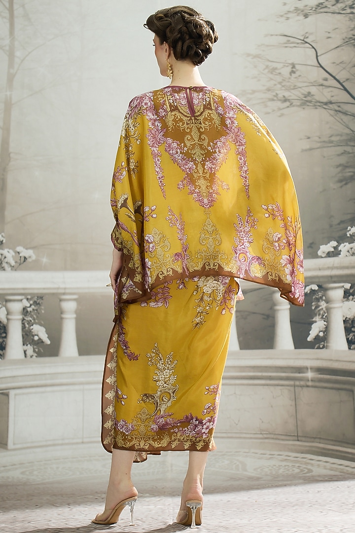 Mustard Silk Printed Draped Skirt Set by Rajdeep Ranawat at Pernia's Pop Up Shop