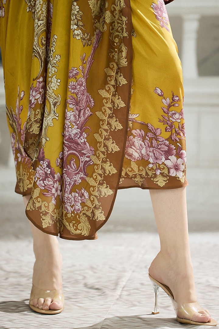 Mustard Silk Printed Draped Skirt Set by Rajdeep Ranawat at Pernia's Pop Up Shop