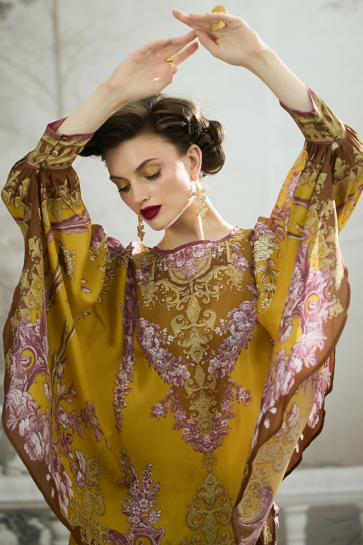 Mustard Silk Printed Draped Skirt Set by Rajdeep Ranawat at Pernia's Pop Up Shop