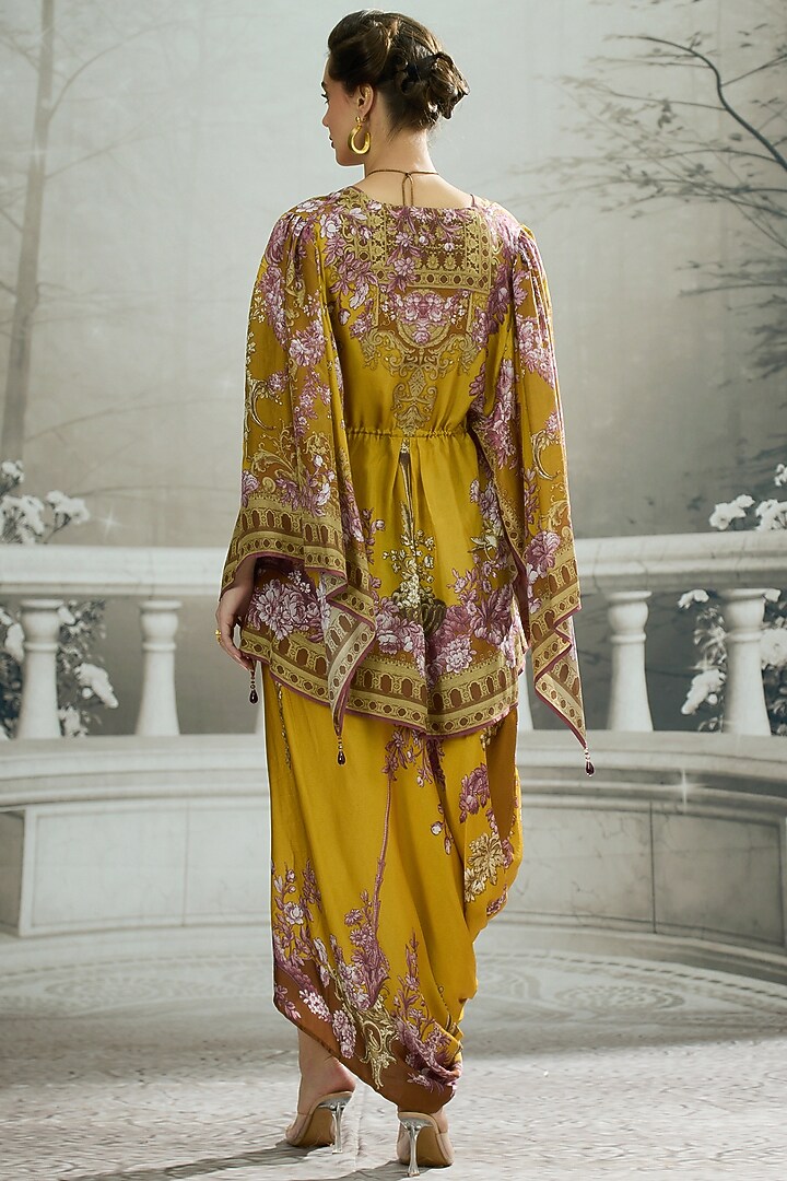 Mustard Silk Printed Draped Kaftan by Rajdeep Ranawat at Pernia's Pop Up Shop