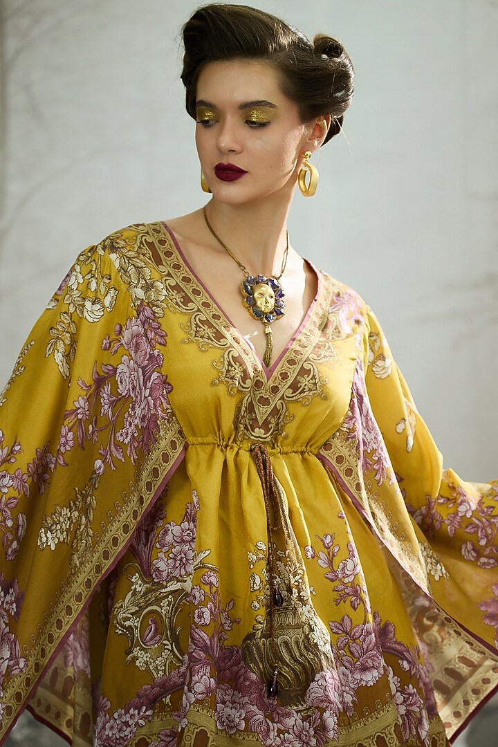 Mustard Silk Printed Draped Kaftan by Rajdeep Ranawat at Pernia's Pop Up Shop
