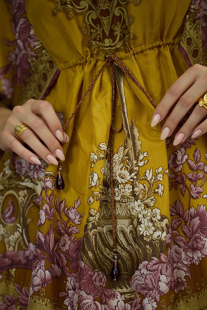 Mustard Silk Printed Draped Kaftan by Rajdeep Ranawat at Pernia's Pop Up Shop