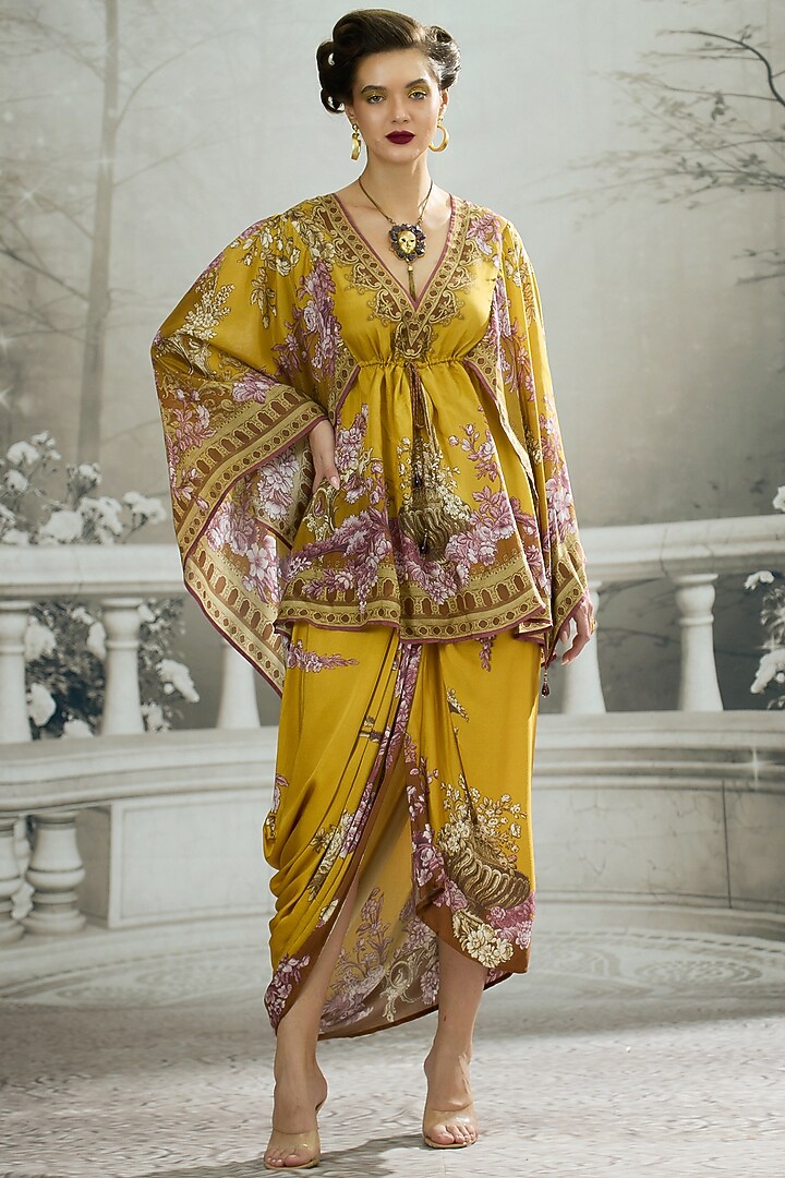 Mustard Silk Printed Draped Kaftan by Rajdeep Ranawat at Pernia's Pop Up Shop