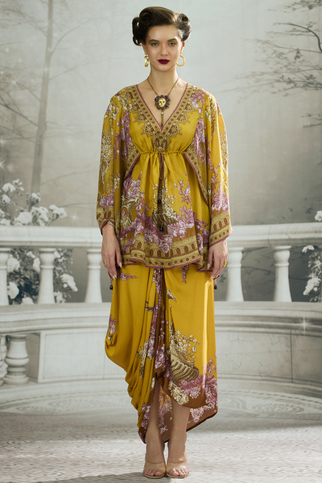 Mustard Modal Satin Printed Skirt by Rajdeep Ranawat at Pernia's Pop Up Shop