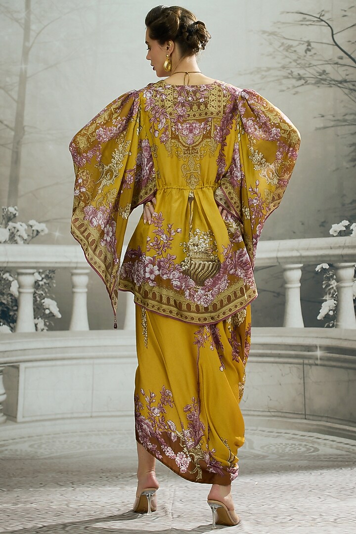 Mustard Modal Satin Printed Skirt by Rajdeep Ranawat at Pernia's Pop Up Shop