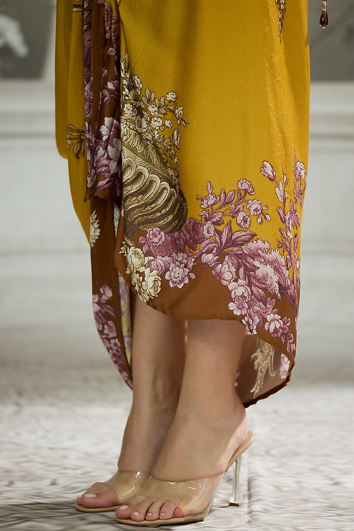 Mustard Modal Satin Printed Skirt by Rajdeep Ranawat at Pernia's Pop Up Shop