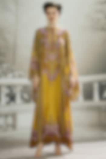 Mustard Silk Printed Kaftan by Rajdeep Ranawat at Pernia's Pop Up Shop