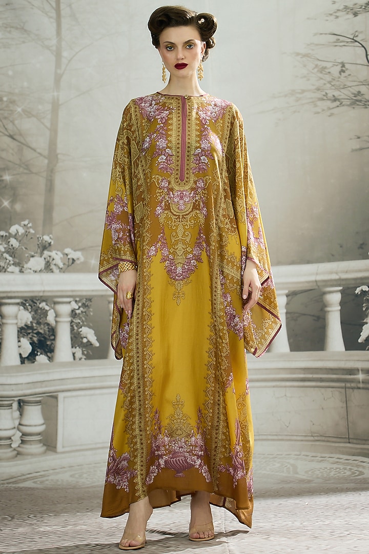 Mustard Silk Printed Kaftan by Rajdeep Ranawat at Pernia's Pop Up Shop