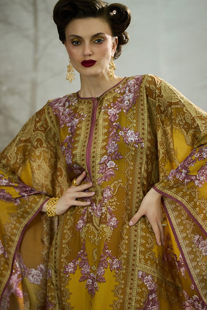 Mustard Silk Printed Kaftan by Rajdeep Ranawat at Pernia's Pop Up Shop