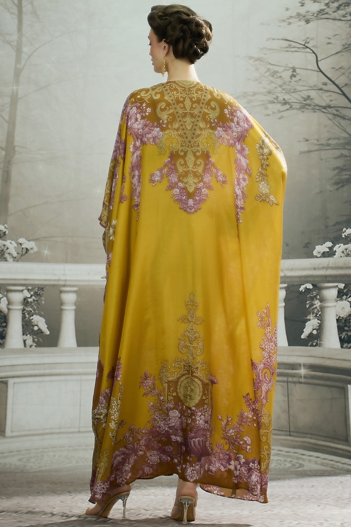 Mustard Silk Printed Kaftan by Rajdeep Ranawat at Pernia's Pop Up Shop