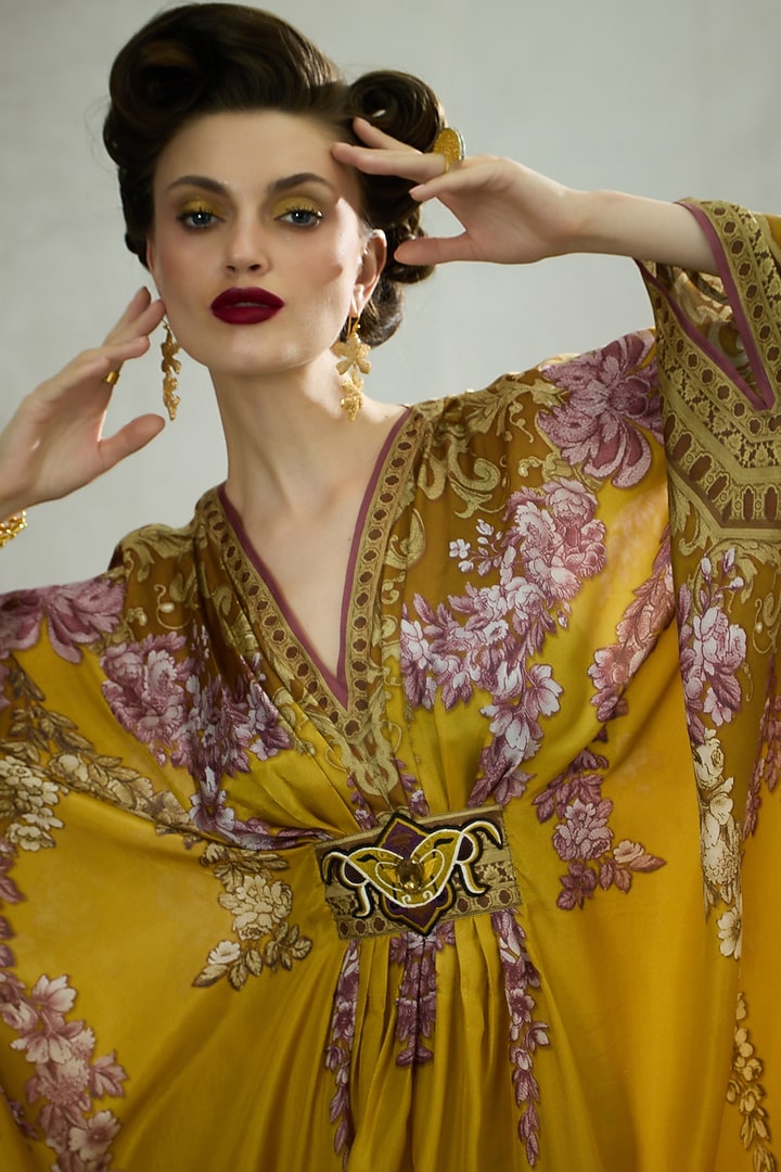 Mustard Silk Printed Kaftan by Rajdeep Ranawat at Pernia's Pop Up Shop