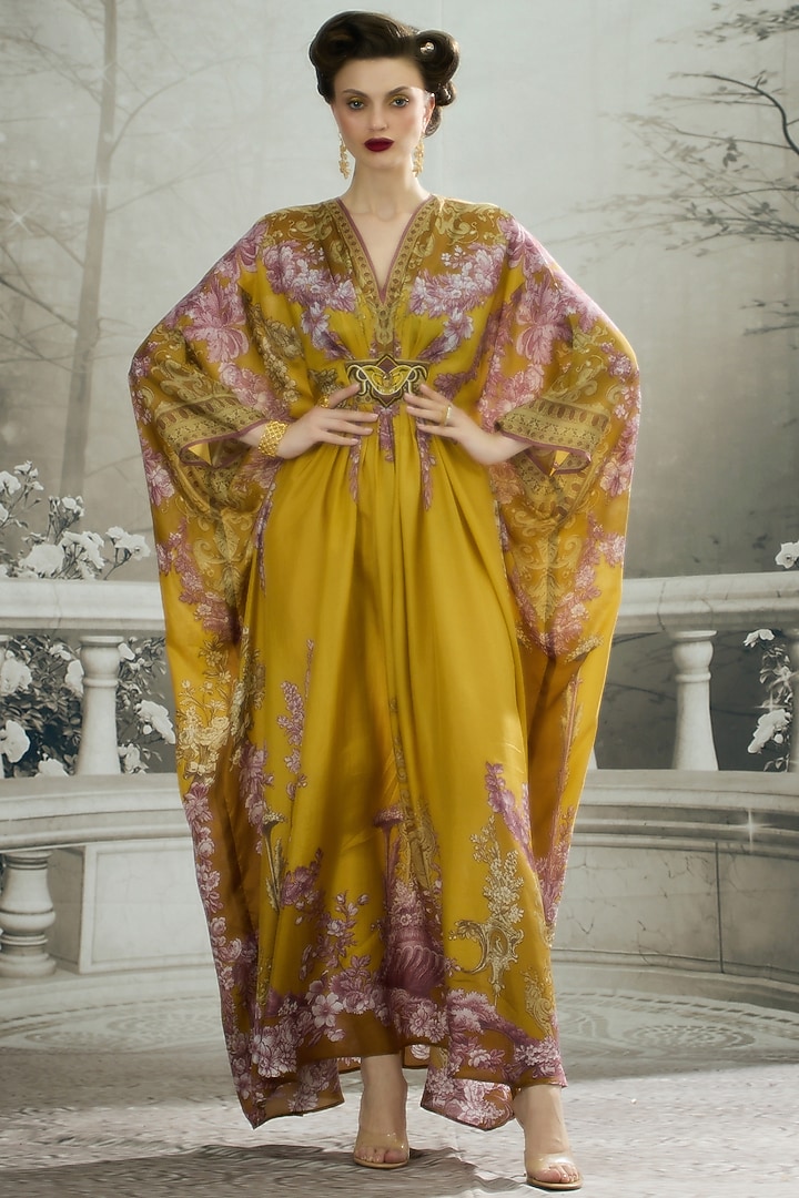 Mustard Silk Printed Kaftan by Rajdeep Ranawat at Pernia's Pop Up Shop
