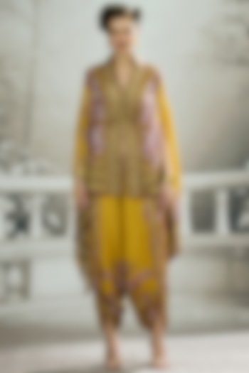 Mustard Modal Satin Printed Dhoti Pants by Rajdeep Ranawat at Pernia's Pop Up Shop