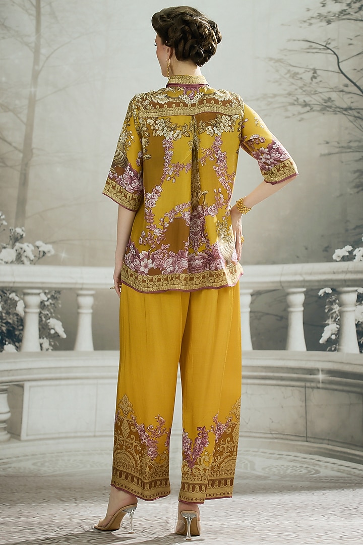 Mustard Modal Satin Printed Pants by Rajdeep Ranawat at Pernia's Pop Up Shop