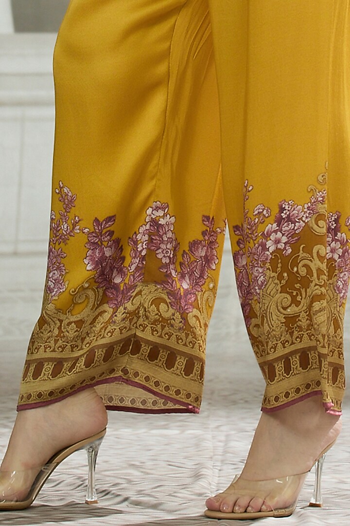 Mustard Modal Satin Printed Pants by Rajdeep Ranawat at Pernia's Pop Up Shop