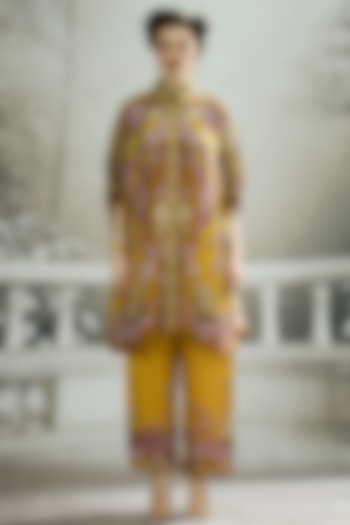 Mustard Modal Satin Printed Pants by Rajdeep Ranawat at Pernia's Pop Up Shop