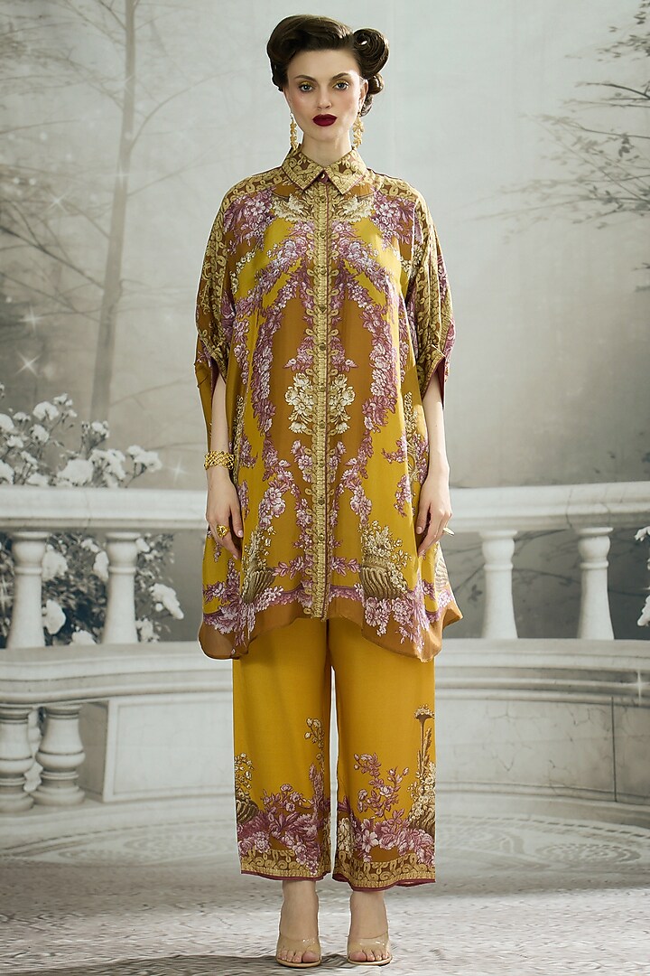 Mustard Modal Satin Printed Pants by Rajdeep Ranawat at Pernia's Pop Up Shop
