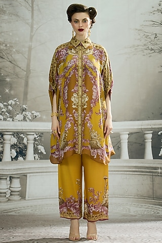 Mustard Modal Satin Printed Pants by Rajdeep Ranawat