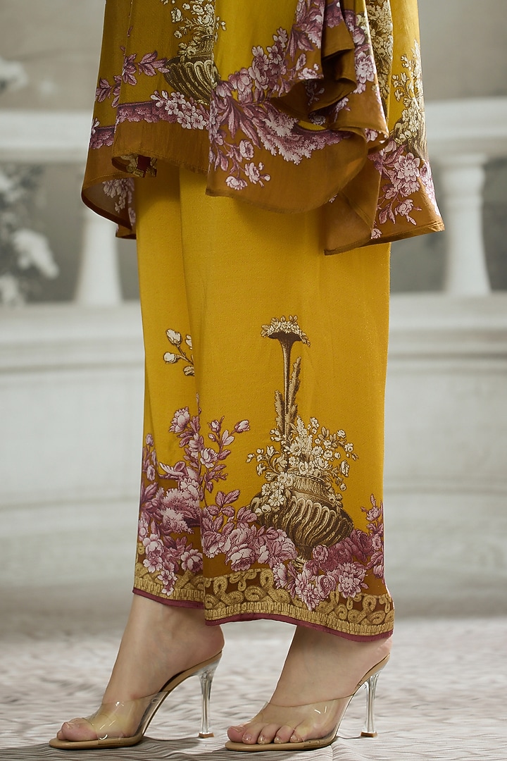 Mustard Modal Satin Printed Pants by Rajdeep Ranawat at Pernia's Pop Up Shop