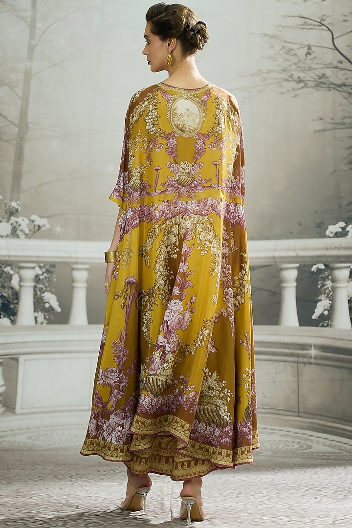 Mustard Modal Satin Printed Draped Skirt by Rajdeep Ranawat at Pernia's Pop Up Shop