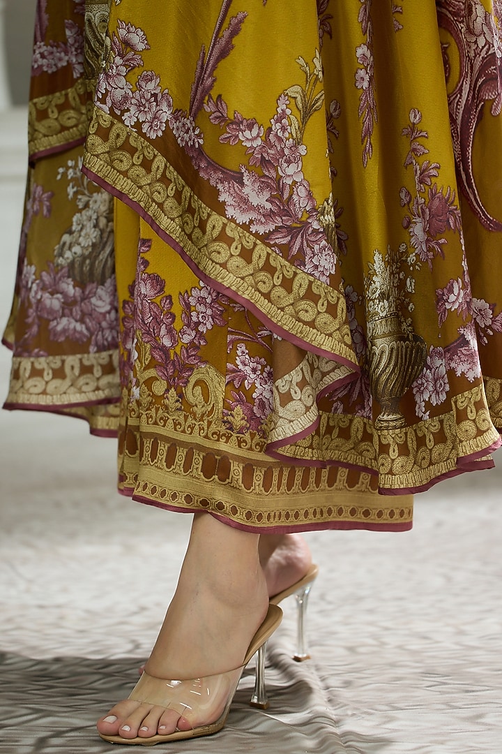 Mustard Modal Satin Printed Draped Skirt by Rajdeep Ranawat at Pernia's Pop Up Shop