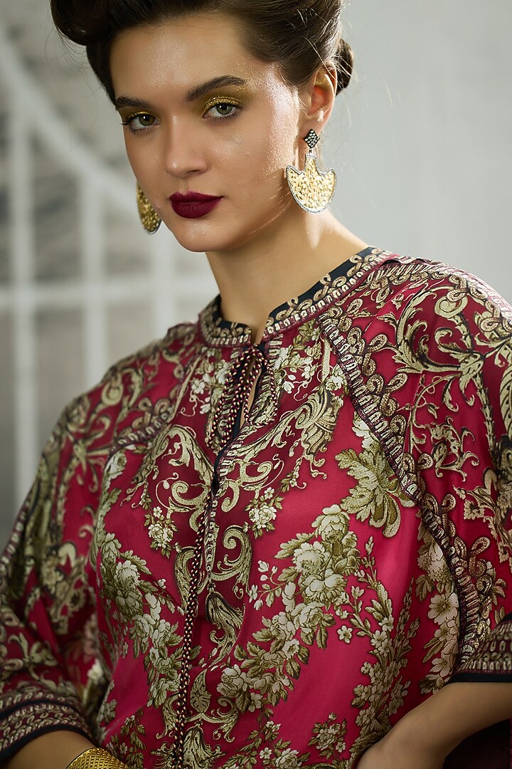 Fuchsia Silk Printed Poncho Top by Rajdeep Ranawat at Pernia's Pop Up Shop