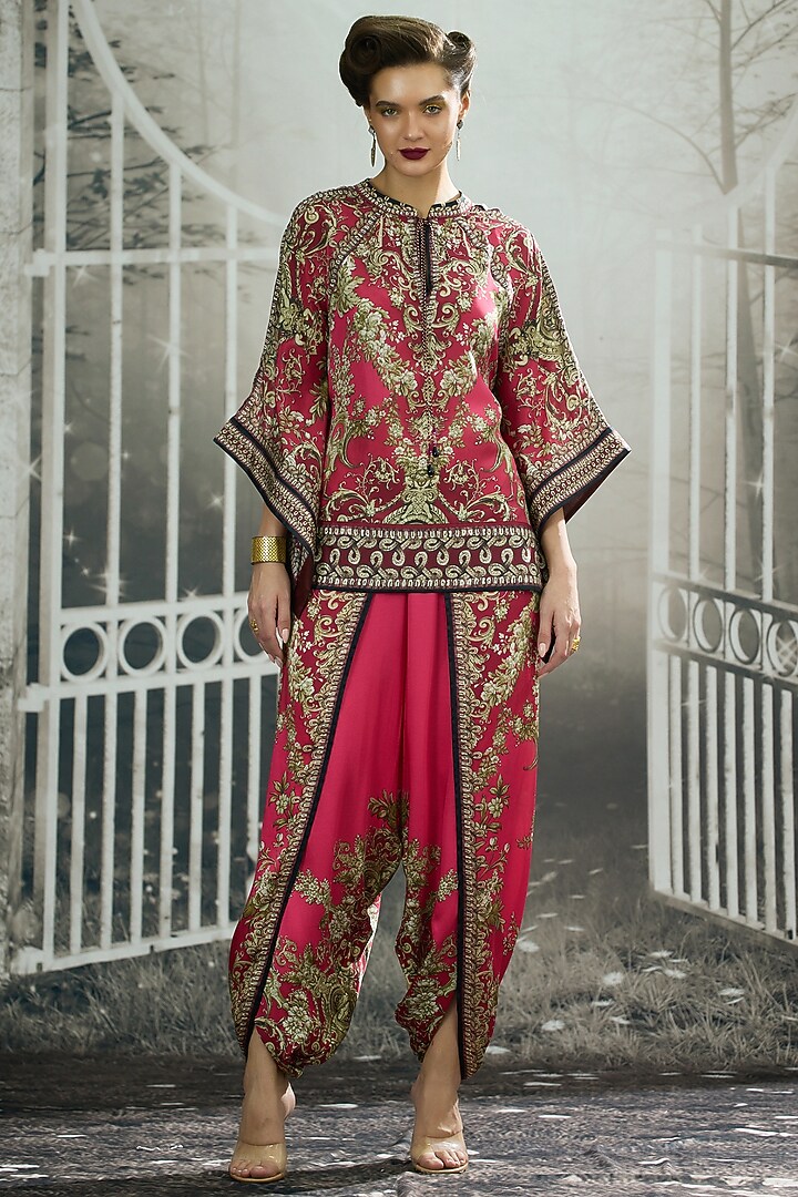 Fuchsia Silk Printed Poncho Top by Rajdeep Ranawat at Pernia's Pop Up Shop