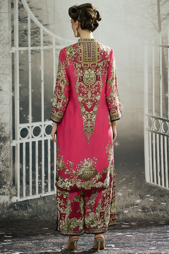 Fuchsia Silk Printed High-Low Tunic by Rajdeep Ranawat at Pernia's Pop Up Shop
