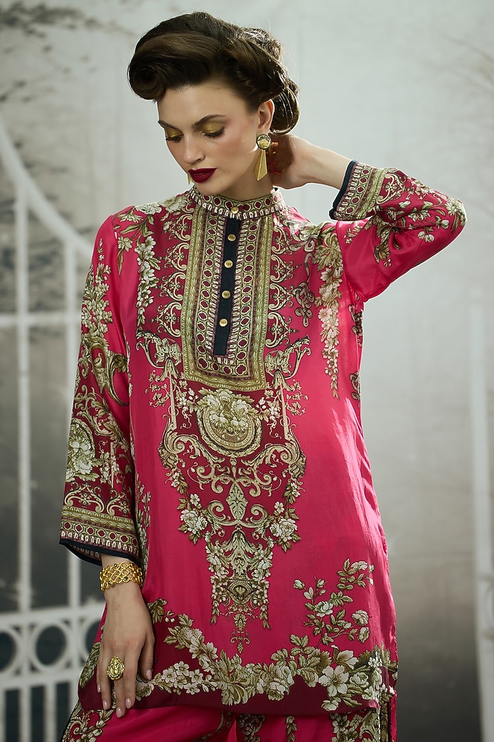 Fuchsia Silk Printed High-Low Tunic by Rajdeep Ranawat at Pernia's Pop Up Shop