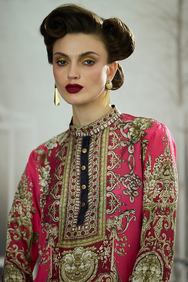 Fuchsia Silk Printed High-Low Tunic by Rajdeep Ranawat at Pernia's Pop Up Shop