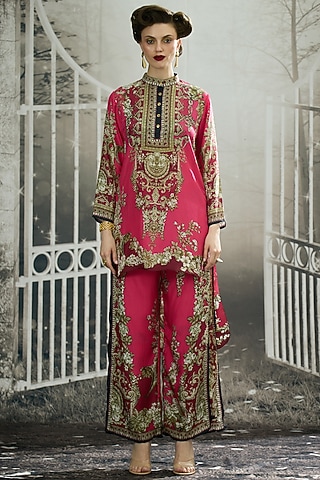 Fuchsia Silk & Modal Printed Pants by Rajdeep Ranawat