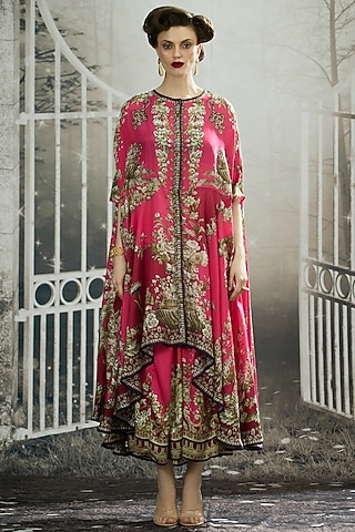 Fuchsia Silk Printed Cape by Rajdeep Ranawat