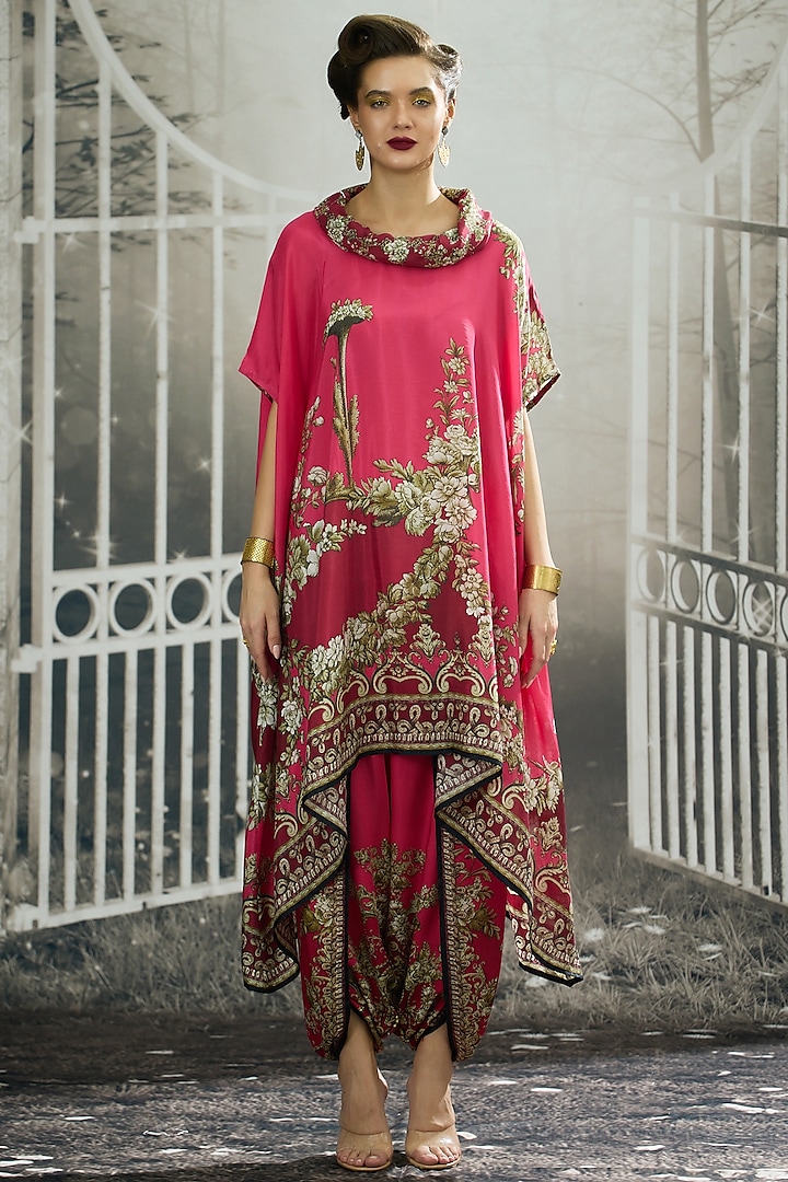 Fuchsia Silk Printed Draped Tunic by Rajdeep Ranawat at Pernia's Pop Up Shop