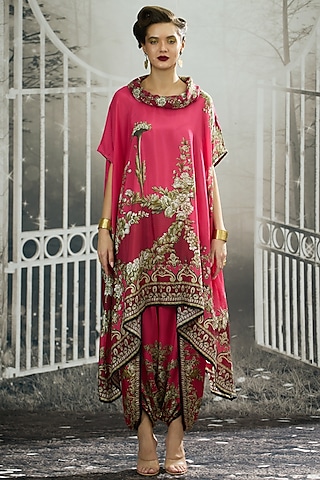 Fuchsia Silk Printed Draped Tunic by Rajdeep Ranawat