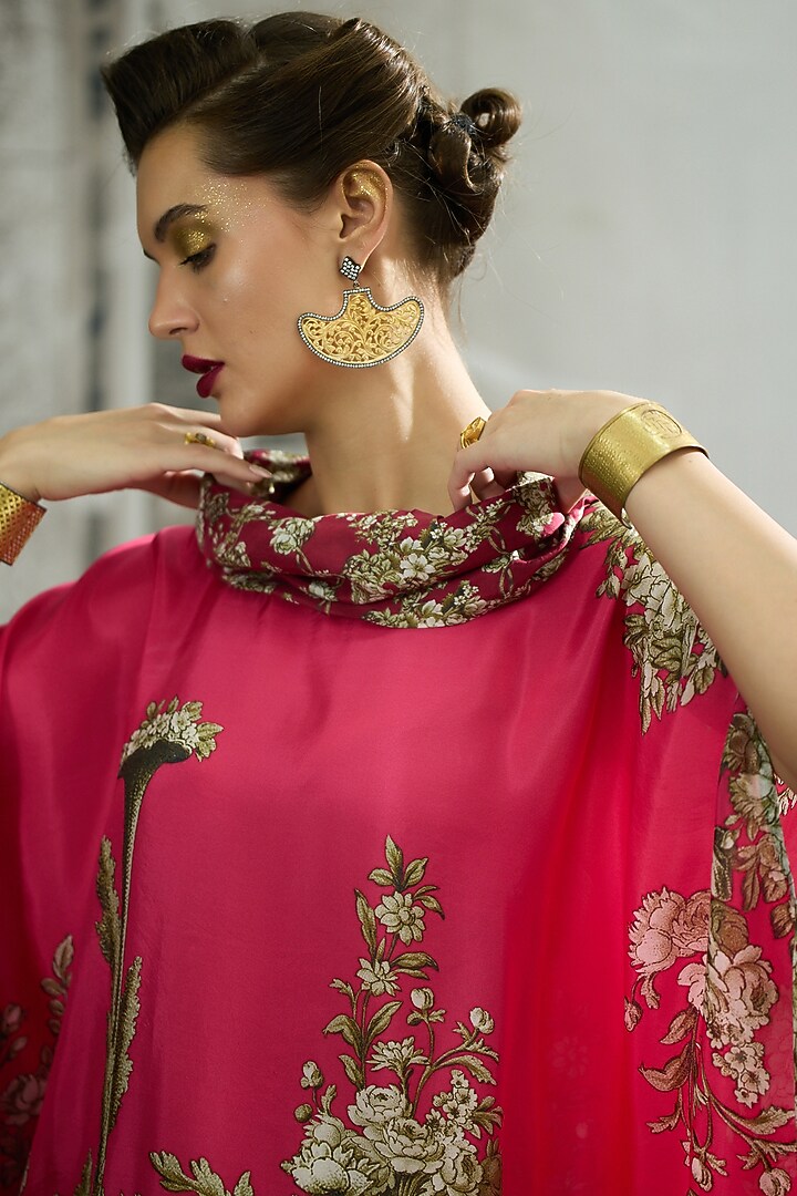 Fuchsia Silk Printed Draped Tunic by Rajdeep Ranawat at Pernia's Pop Up Shop