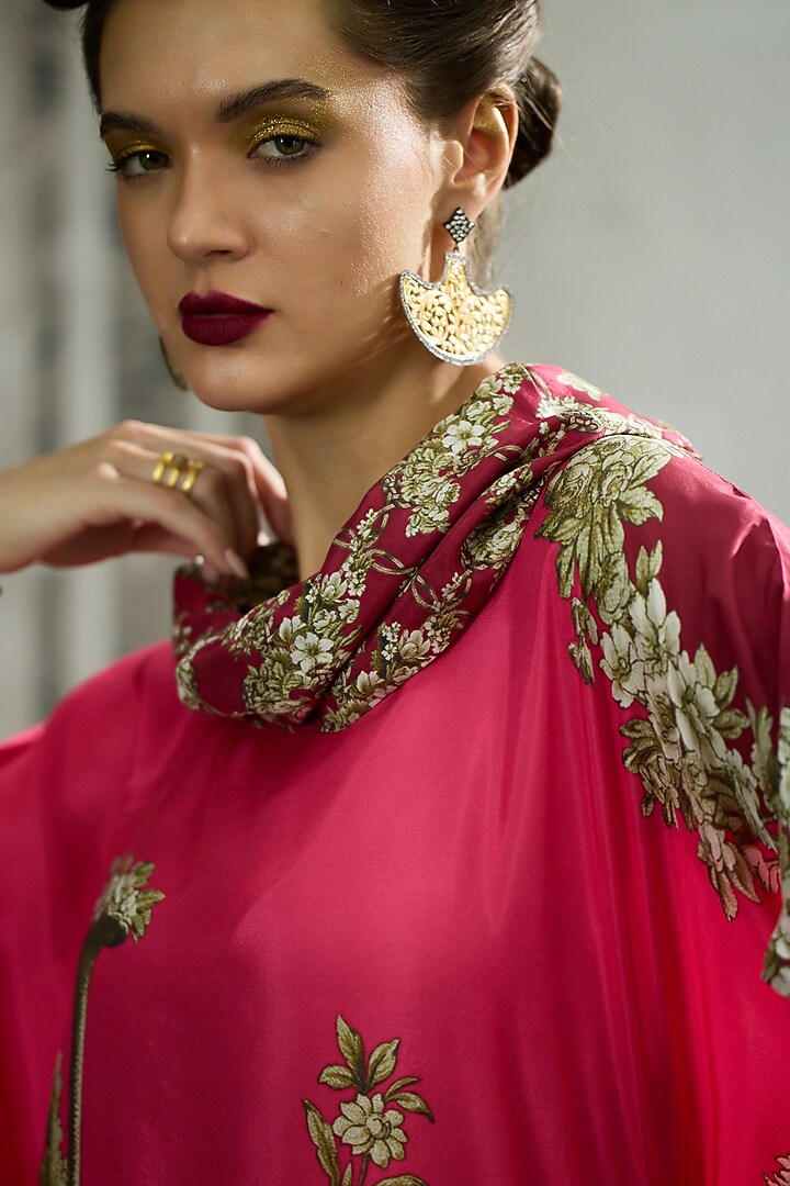 Fuchsia Silk Printed Draped Tunic by Rajdeep Ranawat at Pernia's Pop Up Shop