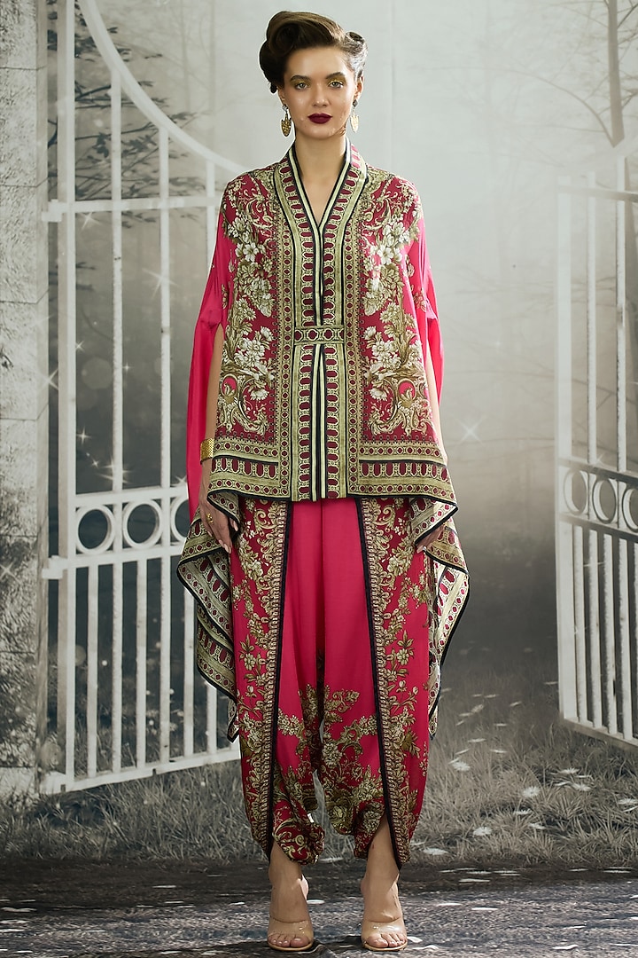 Fuchsia Silk Printed Cape by Rajdeep Ranawat at Pernia's Pop Up Shop