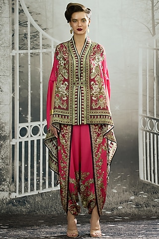 Fuchsia Silk Printed Cape by Rajdeep Ranawat