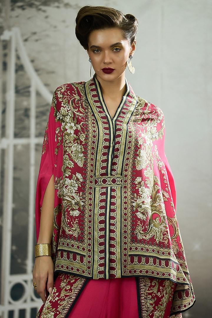 Fuchsia Silk Printed Cape by Rajdeep Ranawat at Pernia's Pop Up Shop