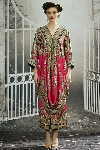 Fuchsia Silk Printed Draped Tunic by Rajdeep Ranawat