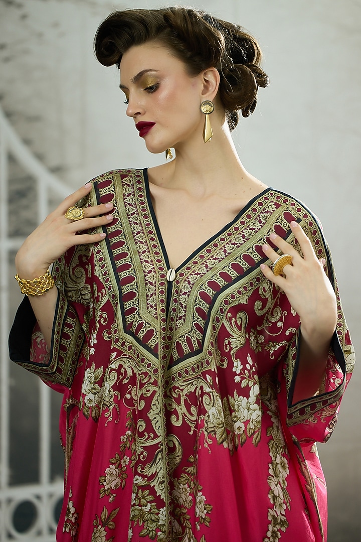 Fuchsia Silk Printed Draped Tunic by Rajdeep Ranawat at Pernia's Pop Up Shop