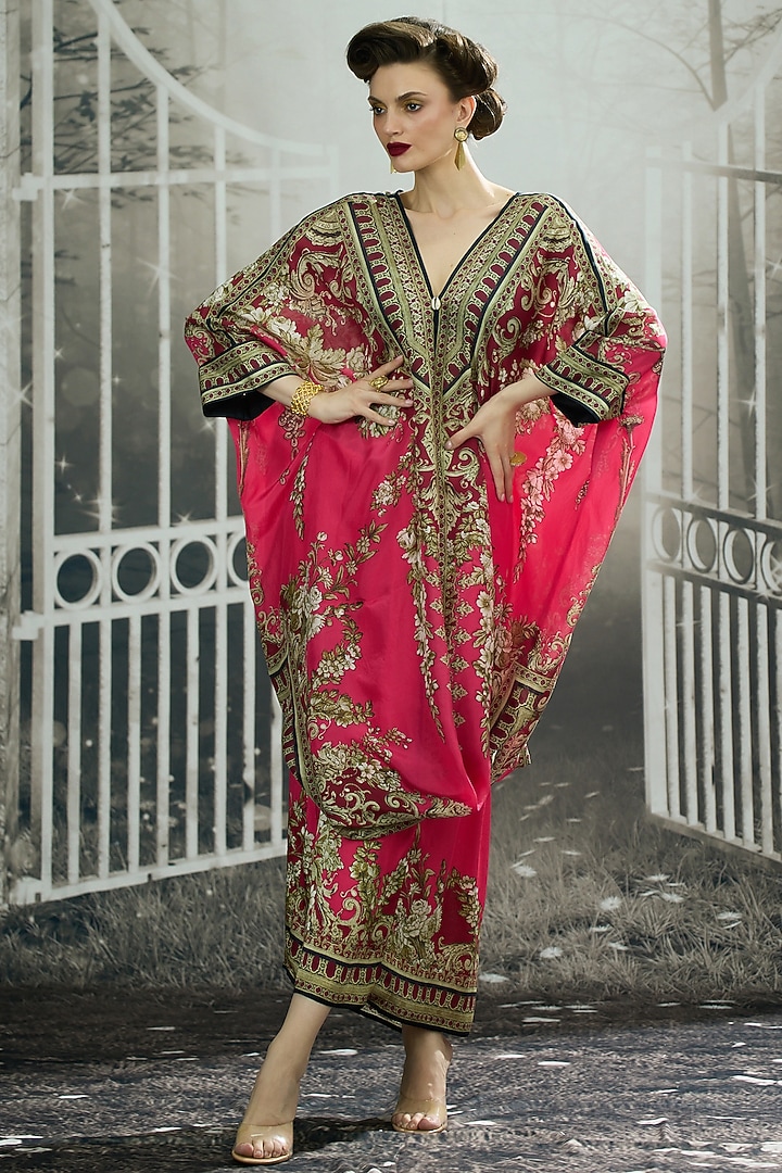Fuchsia Silk Printed Draped Tunic by Rajdeep Ranawat at Pernia's Pop Up Shop