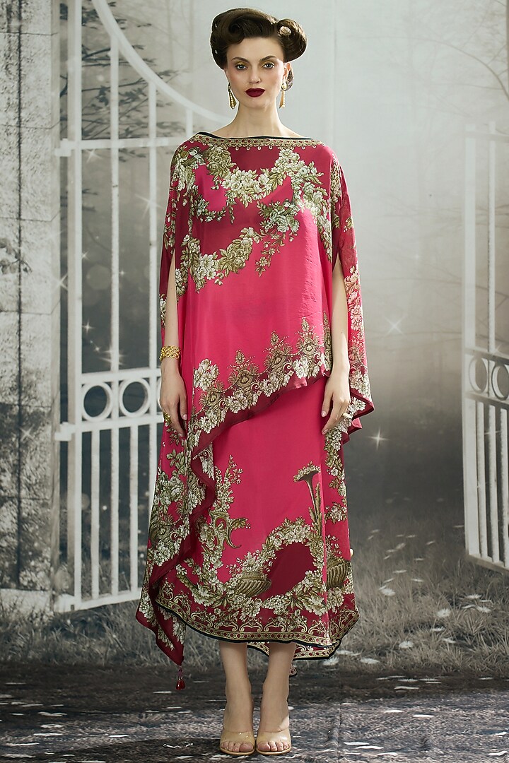 Fuchsia Silk Printed Skirt Set by Rajdeep Ranawat at Pernia's Pop Up Shop