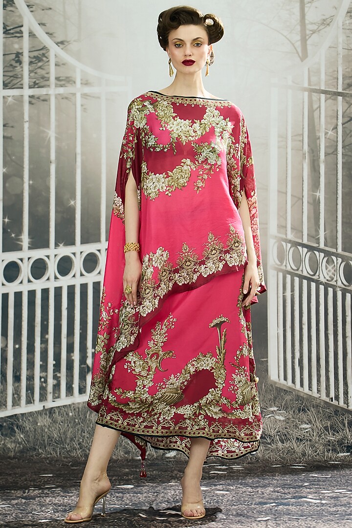 Fuchsia Silk Printed Skirt Set by Rajdeep Ranawat at Pernia's Pop Up Shop