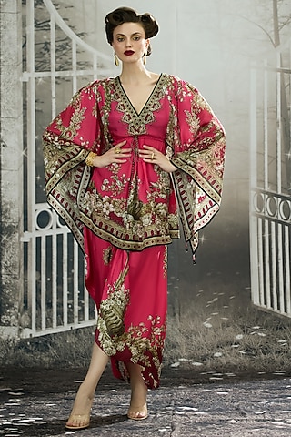 Fuchsia Silk Printed Draped Kaftan by Rajdeep Ranawat