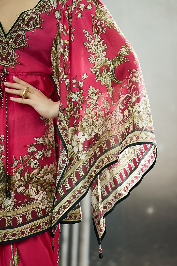 Fuchsia Silk Printed Draped Kaftan by Rajdeep Ranawat at Pernia's Pop Up Shop